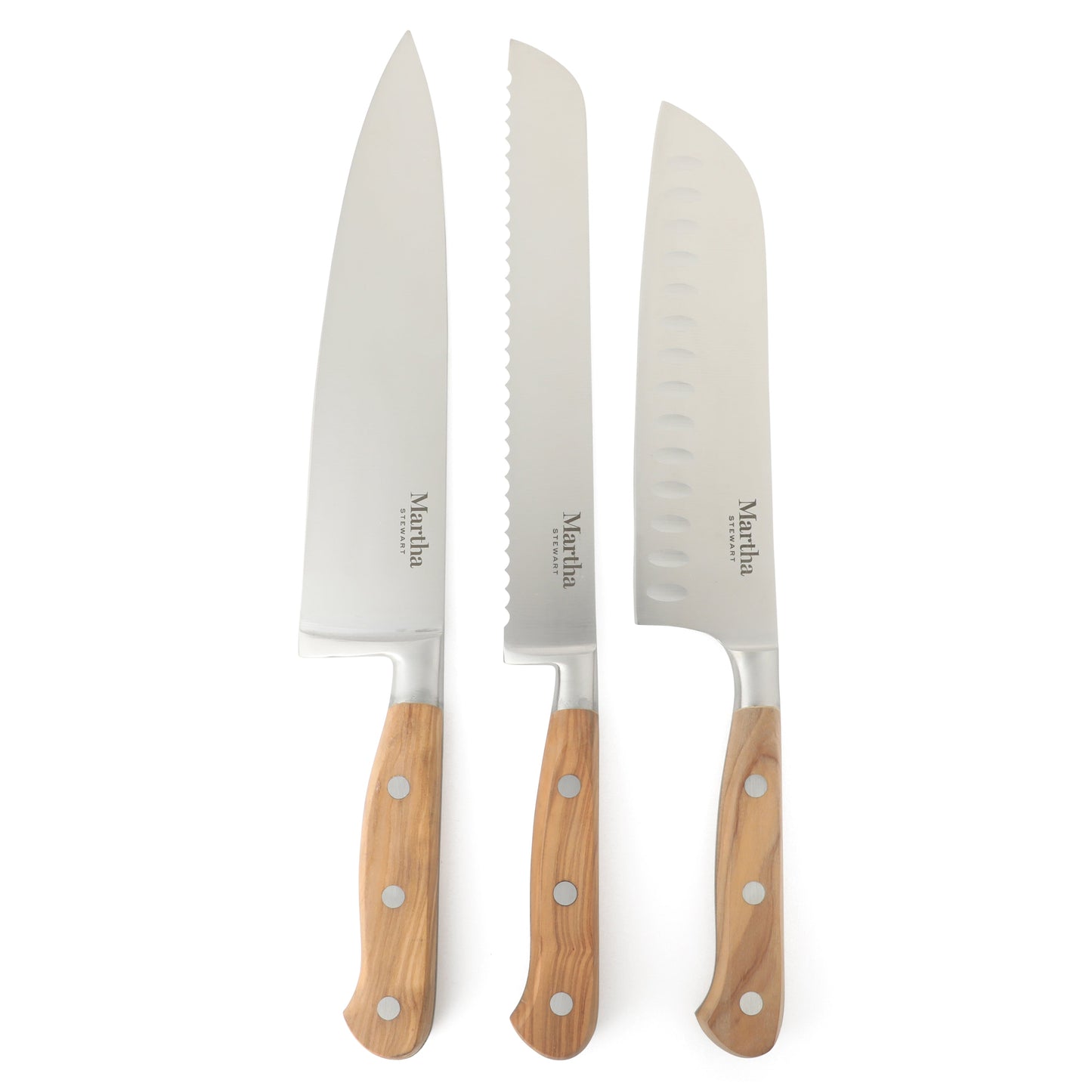 Martha Stewart 15 Piece Austenwood German Stainless Steel Cutlery Kitchen Knife Block Set W/ Italian Olive Wood Forged Handle & Wood Block