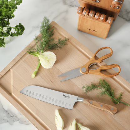 Martha Stewart 15 Piece Austenwood German Stainless Steel Cutlery Kitchen Knife Block Set W/ Italian Olive Wood Forged Handle & Wood Block