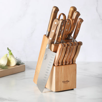 Martha Stewart 15 Piece Austenwood German Stainless Steel Cutlery Kitchen Knife Block Set W/ Italian Olive Wood Forged Handle & Wood Block