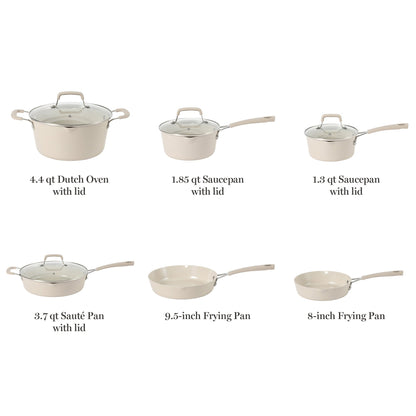 Martha Stewart Heathland Premium Nonstick PFA Free Ceramic Interior 10-Piece Tapered Aluminum Cookware Set - Linen White