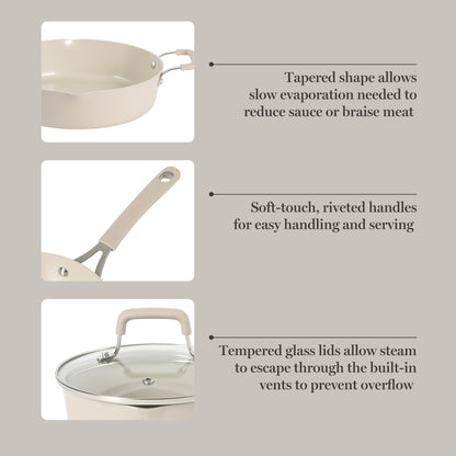 Martha Stewart Heathland Premium Nonstick PFA Free Ceramic Interior 10-Piece Tapered Aluminum Cookware Set - Linen White