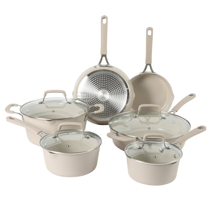 Martha Stewart Heathland Premium Nonstick PFA Free Ceramic Interior 10-Piece Tapered Aluminum Cookware Set - Linen White
