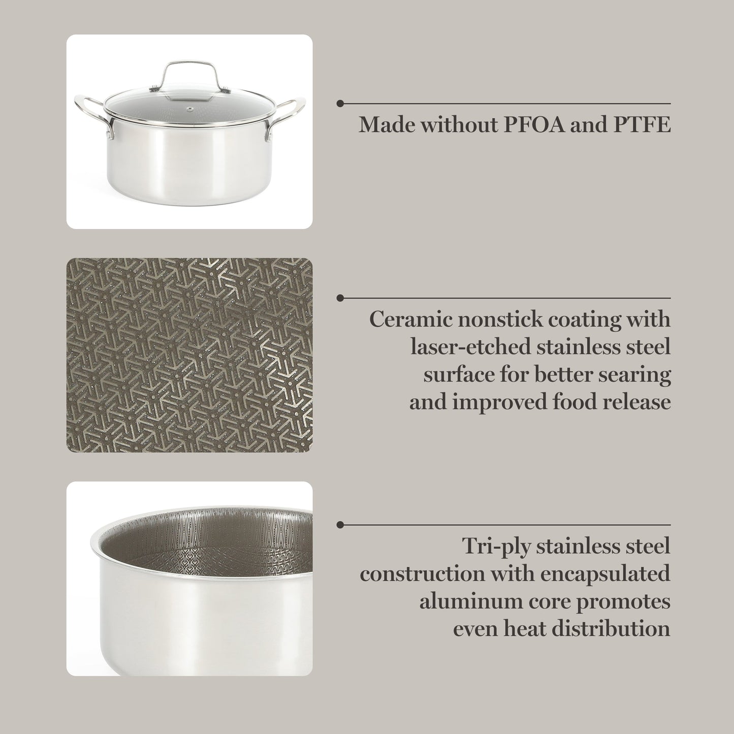 Martha Stewart Badgley Hybrid Nonstick 10 Piece TriPly Stainless Steel Pots and Pans Non-Toxic Kitchen Cookware Set - Laser Etched Non-Toxic Nonstick W/ Stay Cool Handle - Dishwasher and Induction Safe