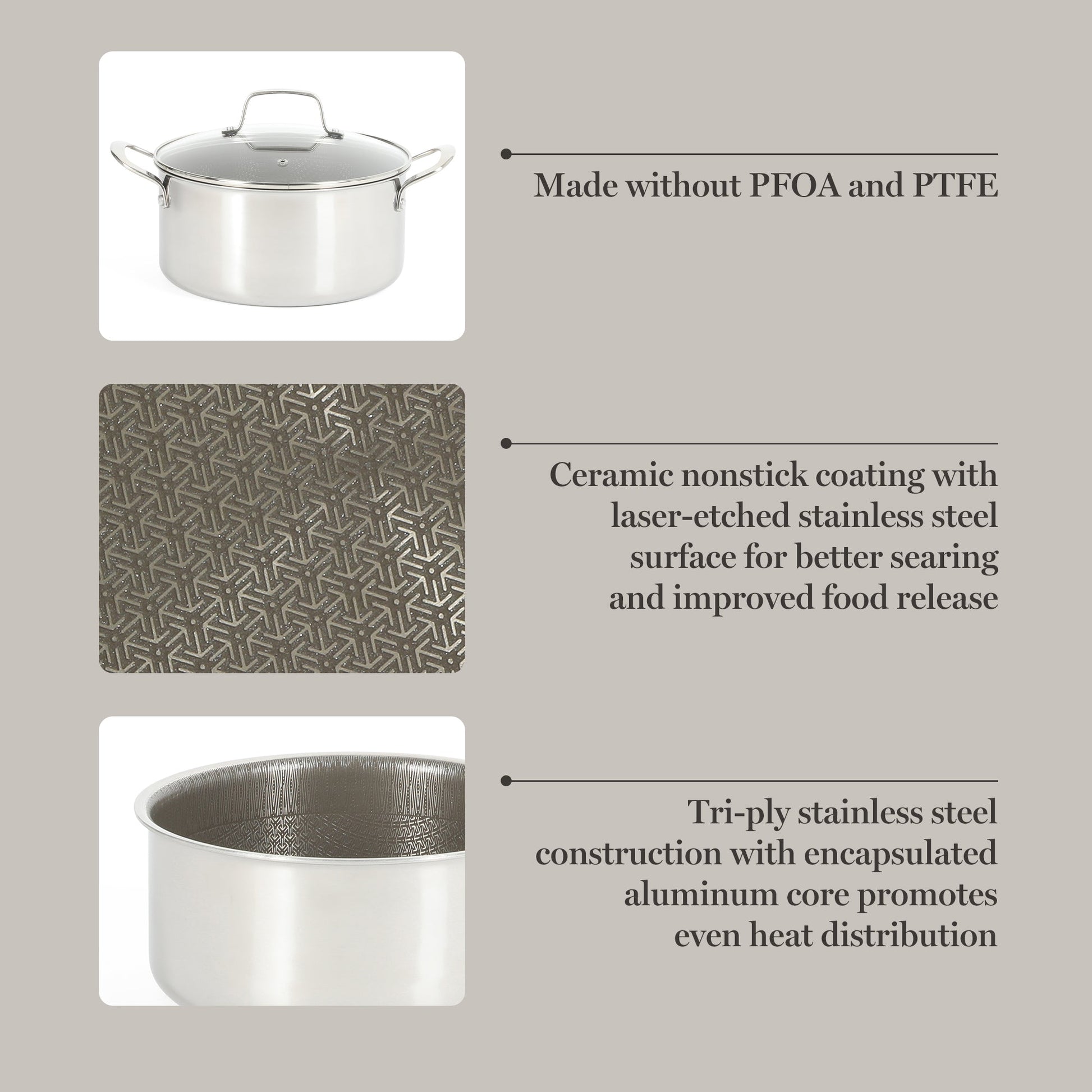 Martha Stewart Badgley Hybrid Nonstick 10 Piece TriPly Stainless Steel Pots and Pans Non-Toxic Kitchen Cookware Set - Laser Etched Non-Toxic Nonstick W/ Stay Cool Handle - Dishwasher and Induction Safe