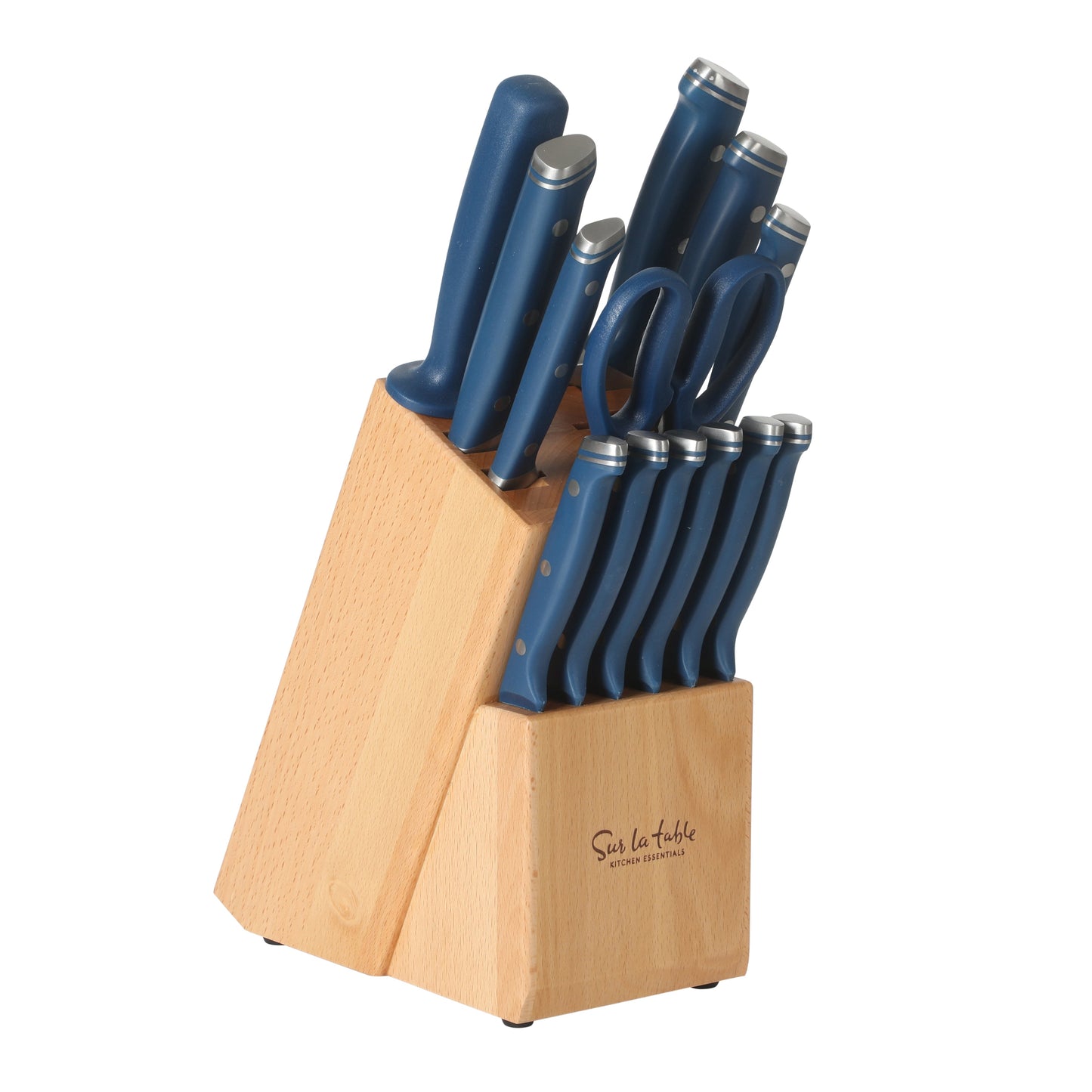 Sur La Table Kitchen Essentials 14 Piece Cutlery Set, German Steel Forged Knives, Beech Wood Block, Chef, Santoku, Bread, Steak Knives, Shears & Sharpener - Blue