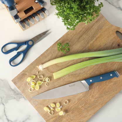 Sur La Table Kitchen Essentials 14 Piece Cutlery Set, German Steel Forged Knives, Beech Wood Block, Chef, Santoku, Bread, Steak Knives, Shears & Sharpener - Blue