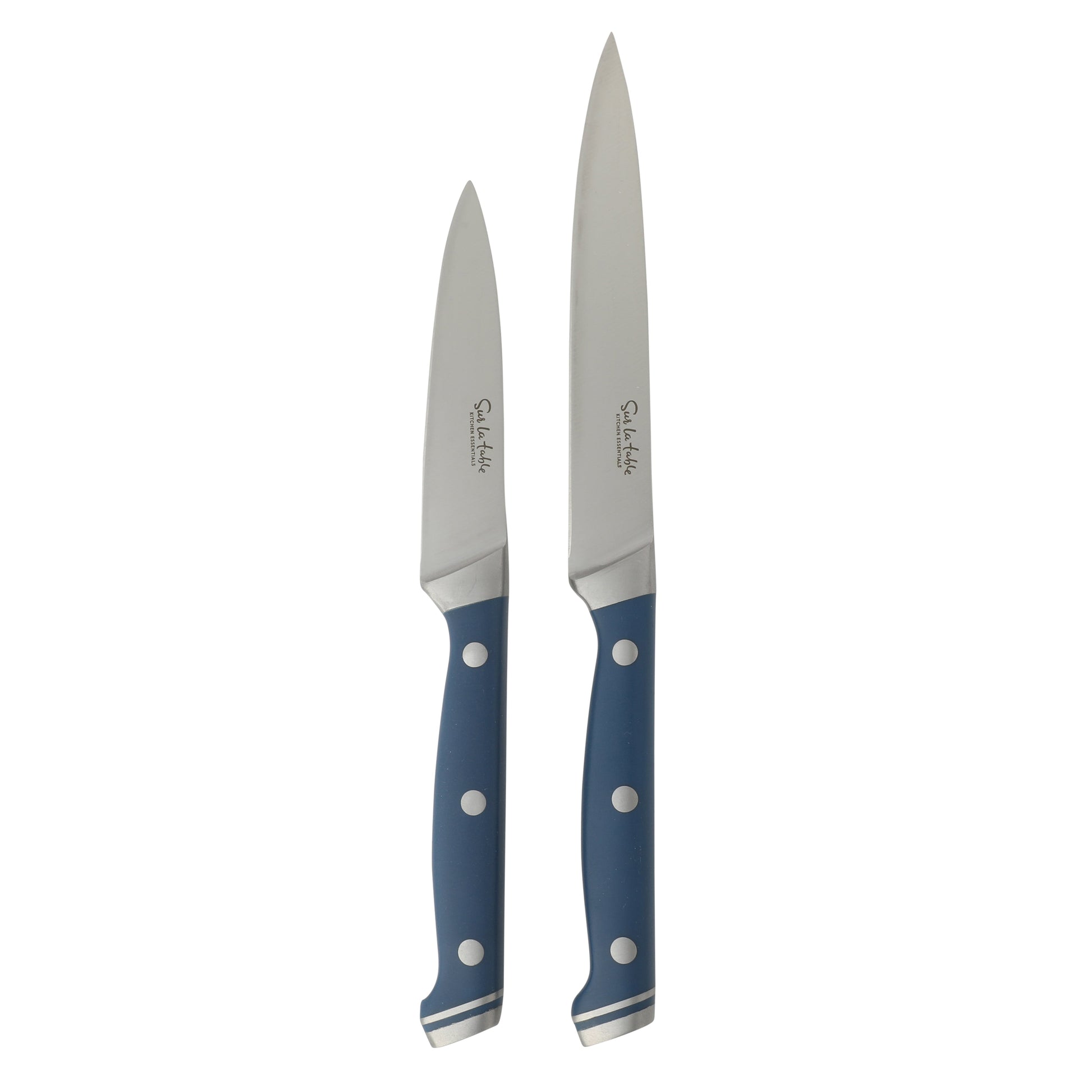 Sur La Table Kitchen Essentials 14 Piece Cutlery Set, German Steel Forged Knives, Beech Wood Block, Chef, Santoku, Bread, Steak Knives, Shears & Sharpener - Blue