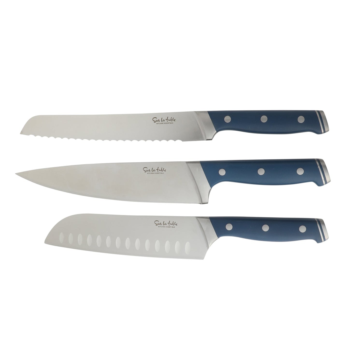 Sur La Table Kitchen Essentials 14 Piece Cutlery Set, German Steel Forged Knives, Beech Wood Block, Chef, Santoku, Bread, Steak Knives, Shears & Sharpener - Blue