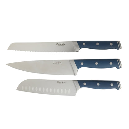 Sur La Table Kitchen Essentials 14 Piece Cutlery Set, German Steel Forged Knives, Beech Wood Block, Chef, Santoku, Bread, Steak Knives, Shears & Sharpener - Blue