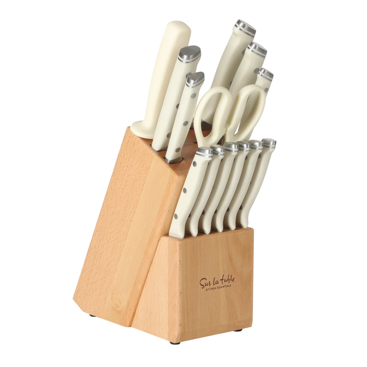 Sur La Table Kitchen Essentials 14 Piece Cutlery Set, German Steel Forged Knives, Beech Wood Block, Chef, Santoku, Bread, Steak Knives, Shears & Sharpener - Blue
