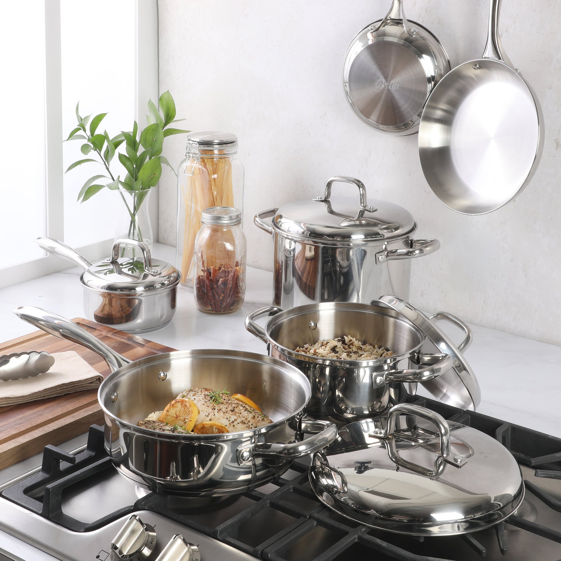 Oster Platinum Sedwick Stackable Stainless Steel Pots and Pans Cookware Set W/ Domed Stainless Steel Lids W/ TriPly Encapsulated Base - Induction Safe