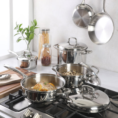 Oster Platinum Sedwick Stackable Stainless Steel Pots and Pans Cookware Set W/ Domed Stainless Steel Lids W/ TriPly Encapsulated Base - Induction Safe