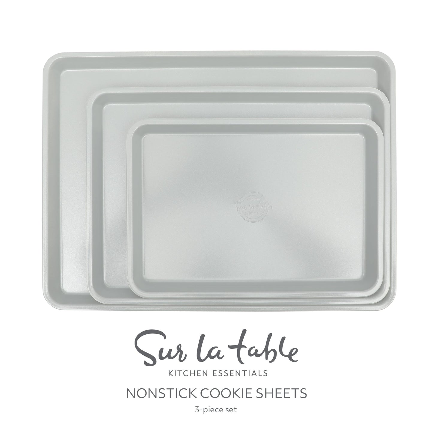 Sur La Table Kitchen Essentials Bake Sale 3-Piece Cookie Sheet Set – Nonstick Carbon Steel Baking Pans (13, 15, 18 Inch) – Grey Easy-Clean Oven Trays for Cookies, Roasting & More