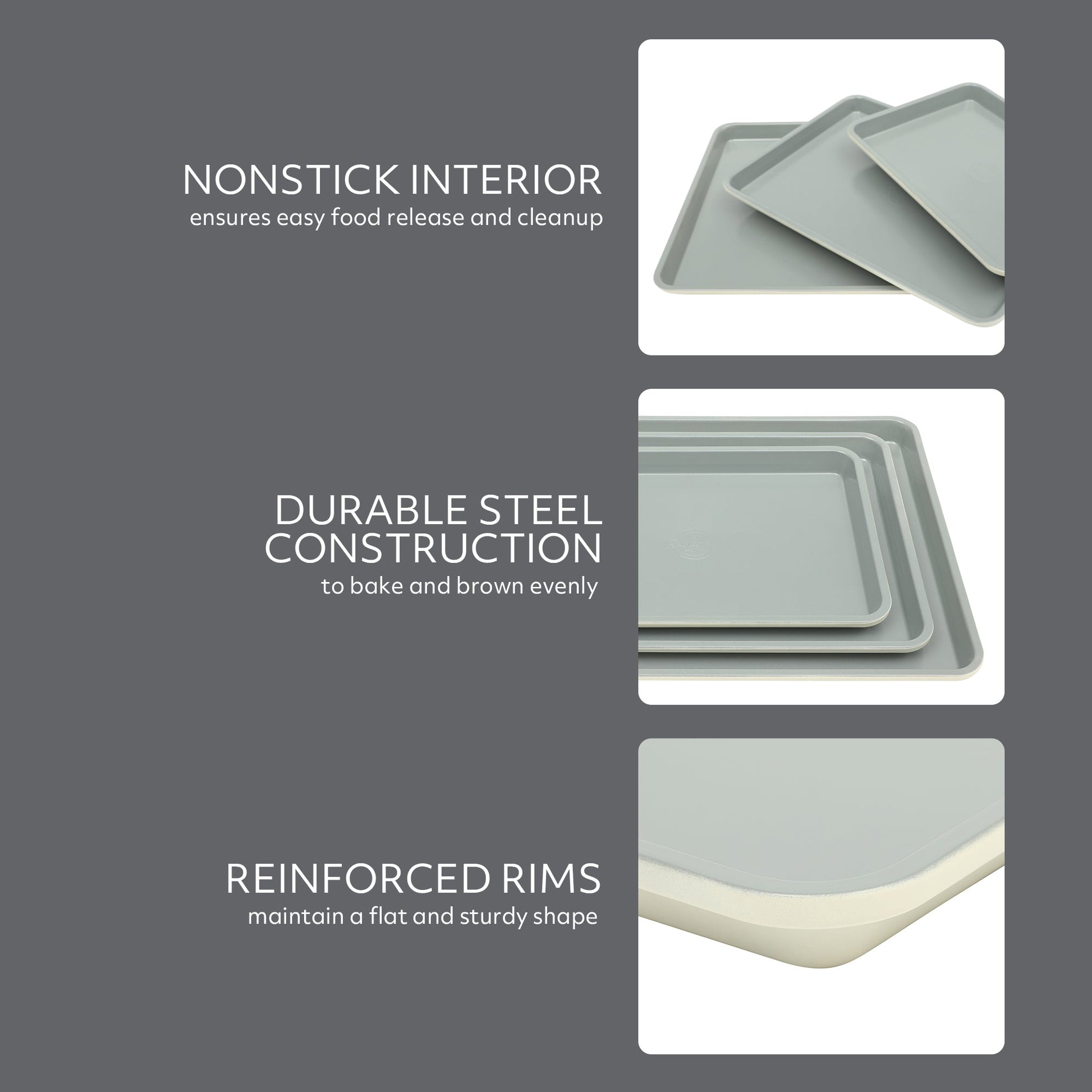 Sur La Table Kitchen Essentials Bake Sale 3-Piece Cookie Sheet Set – Nonstick Carbon Steel Baking Pans (13, 15, 18 Inch) – Grey Easy-Clean Oven Trays for Cookies, Roasting & More