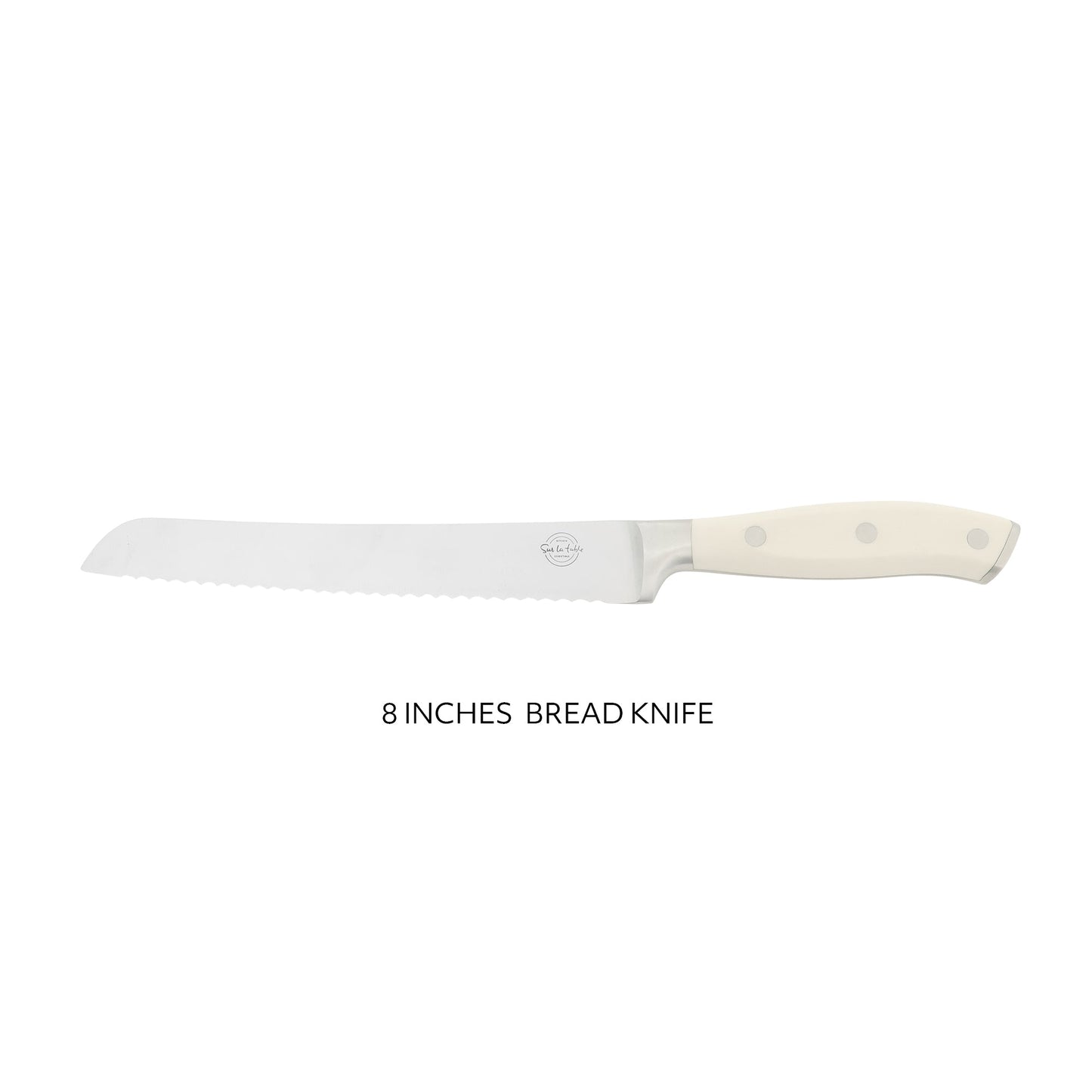 Sur La Table Kitchen Essentials Tasting Kitchen German Steel Bread Knife, 8-Inch Stainless Steel Blade – Professional Kitchen Knife with White Handle and Forged Full Tang