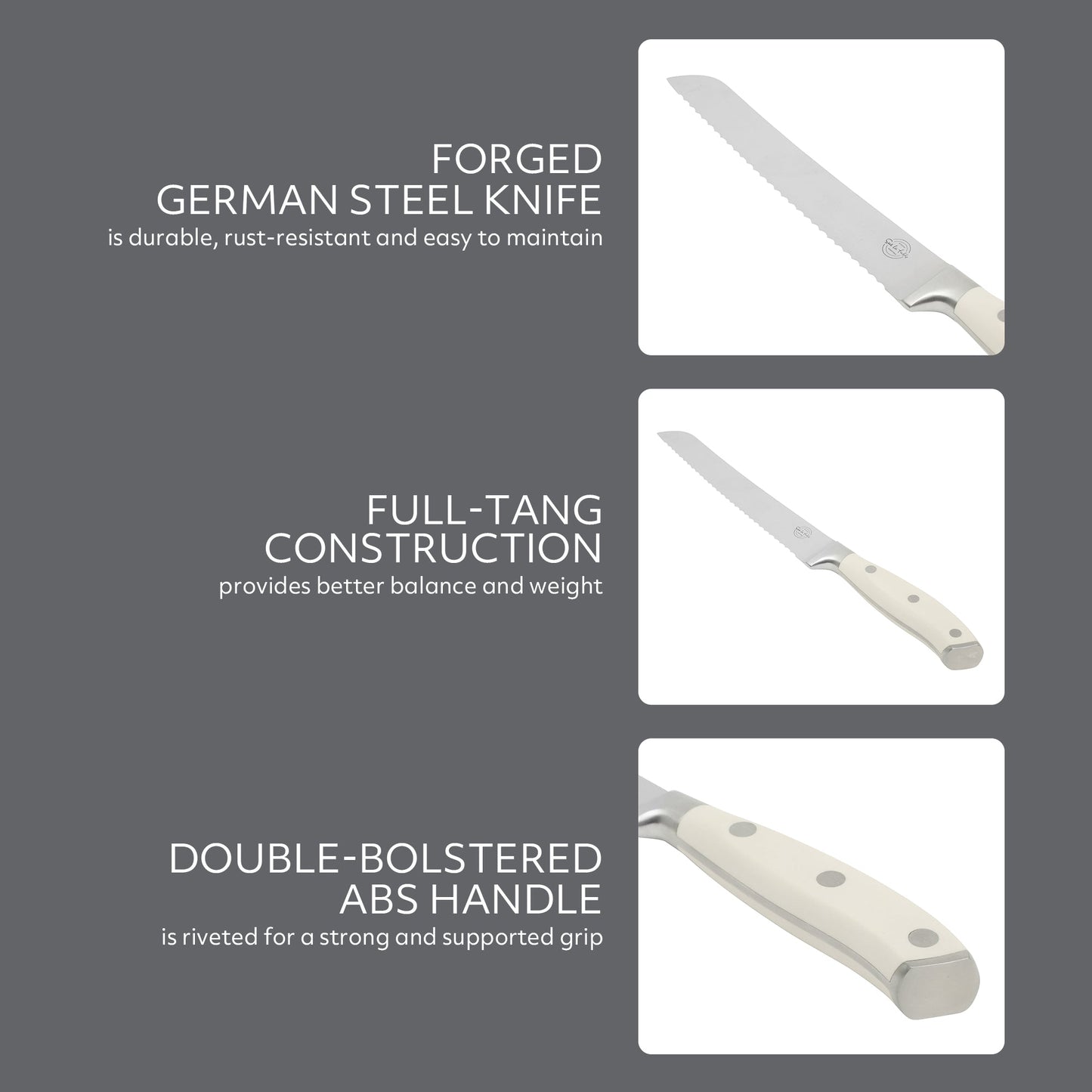 Sur La Table Kitchen Essentials Tasting Kitchen German Steel Bread Knife, 8-Inch Stainless Steel Blade – Professional Kitchen Knife with White Handle and Forged Full Tang