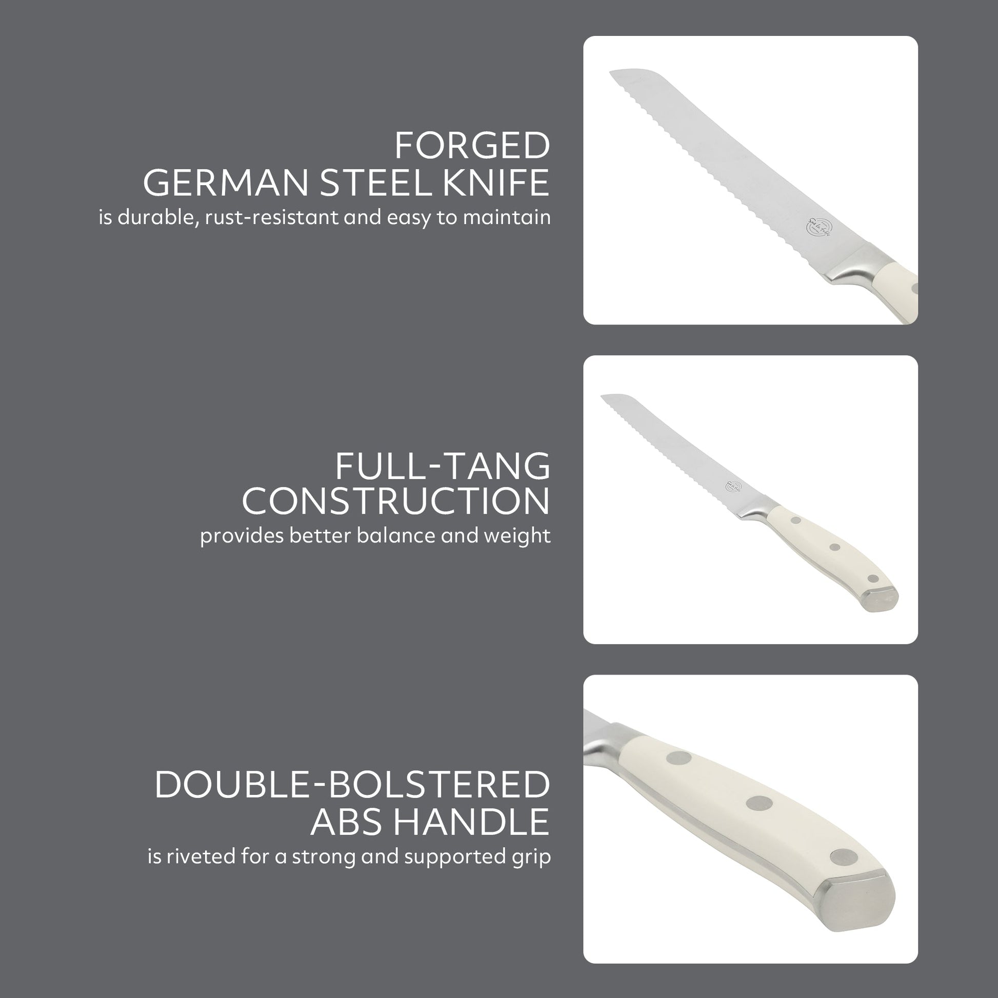 Sur La Table Kitchen Essentials Tasting Kitchen German Steel Bread Knife, 8-Inch Stainless Steel Blade – Professional Kitchen Knife with White Handle and Forged Full Tang