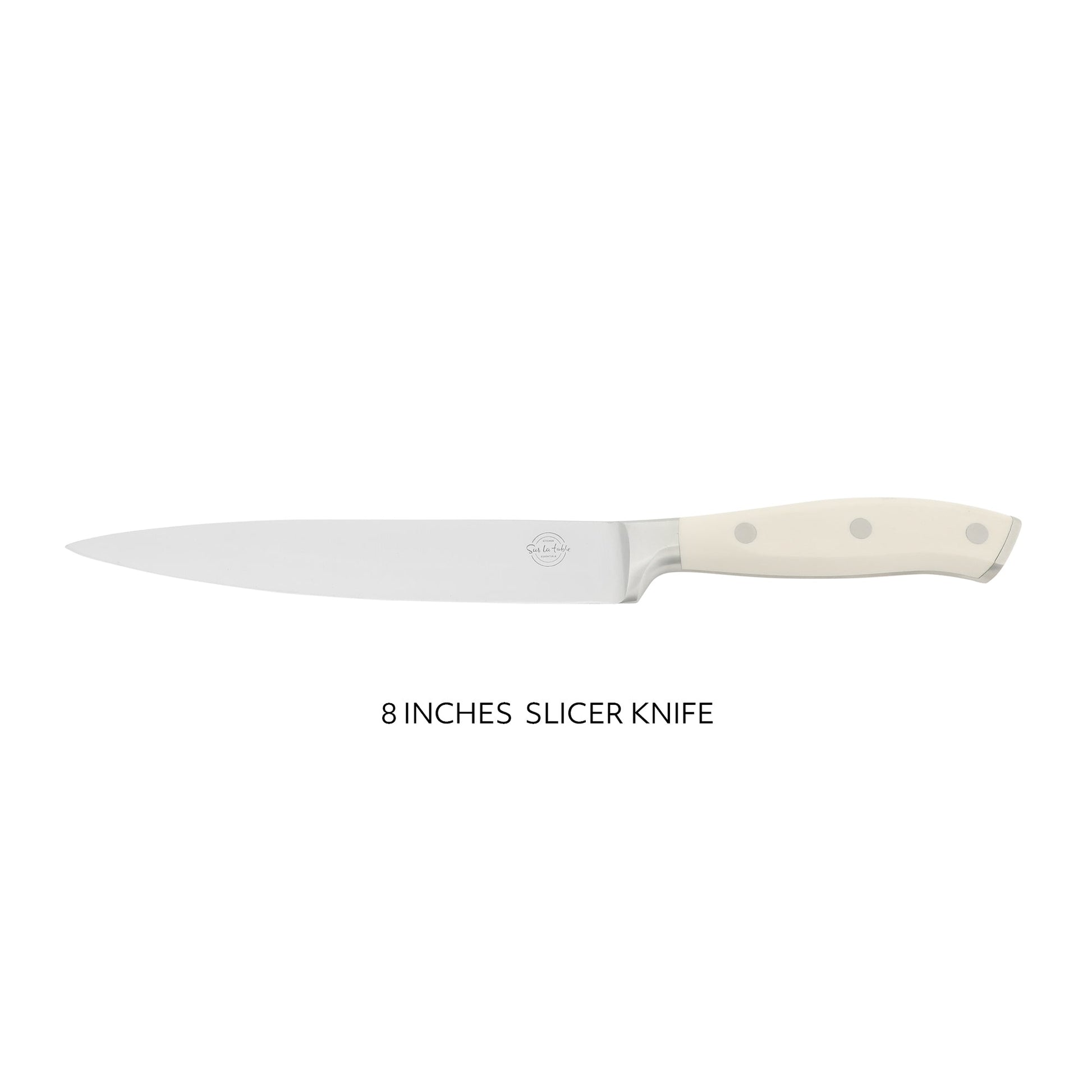 Sur La Table Kitchen Essentials Tasting Kitchen German Steel Slicer Knife, 8-Inch Stainless Steel Blade – Professional Kitchen Knife with White Handle and Forged Full Tang