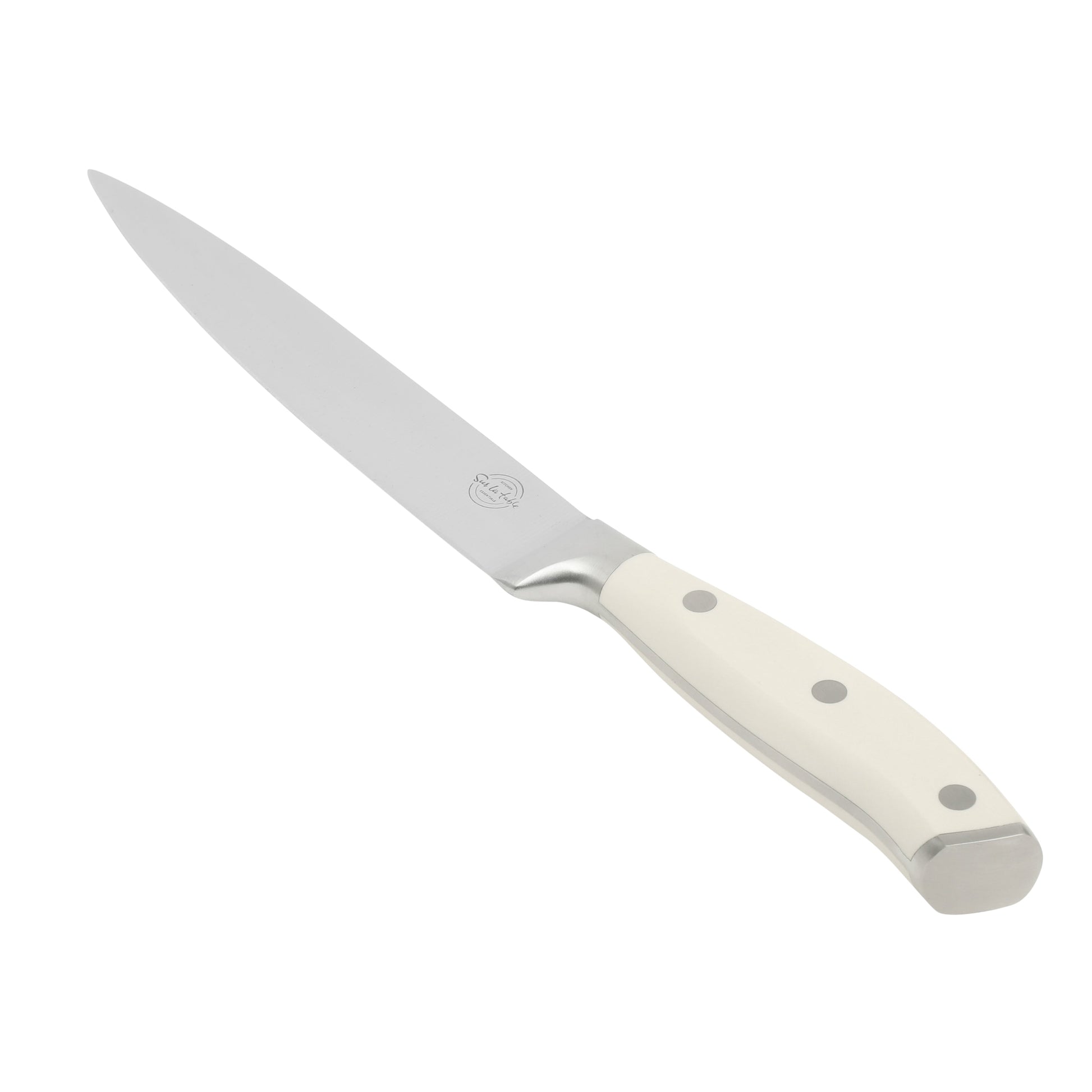 Sur La Table Kitchen Essentials Tasting Kitchen German Steel Slicer Knife, 8-Inch Stainless Steel Blade – Professional Kitchen Knife with White Handle and Forged Full Tang