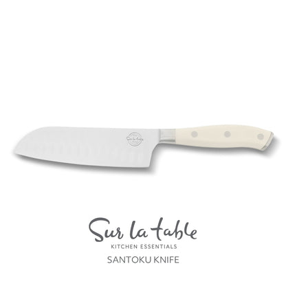 Sur La Table Kitchen Essentials Tasting Kitchen German Steel Santoku Knife, 7-Inch Stainless Steel Blade – Professional Kitchen Knife with White Handle and Forged Full Tang
