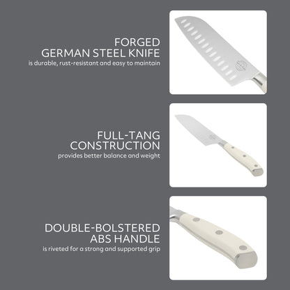 Sur La Table Kitchen Essentials Tasting Kitchen German Steel Santoku Knife, 7-Inch Stainless Steel Blade – Professional Kitchen Knife with White Handle and Forged Full Tang