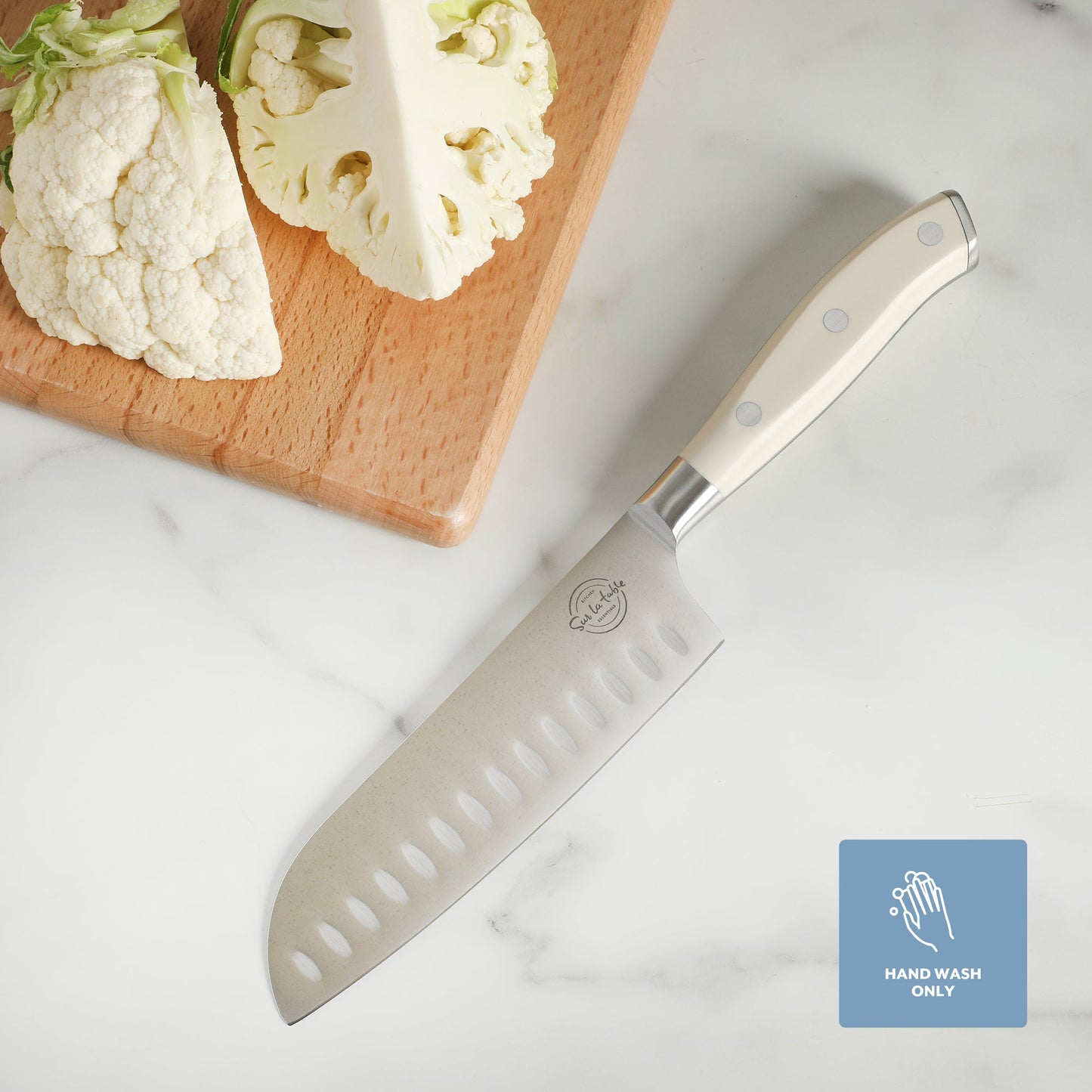 Sur La Table Kitchen Essentials Tasting Kitchen German Steel Santoku Knife, 7-Inch Stainless Steel Blade – Professional Kitchen Knife with White Handle and Forged Full Tang