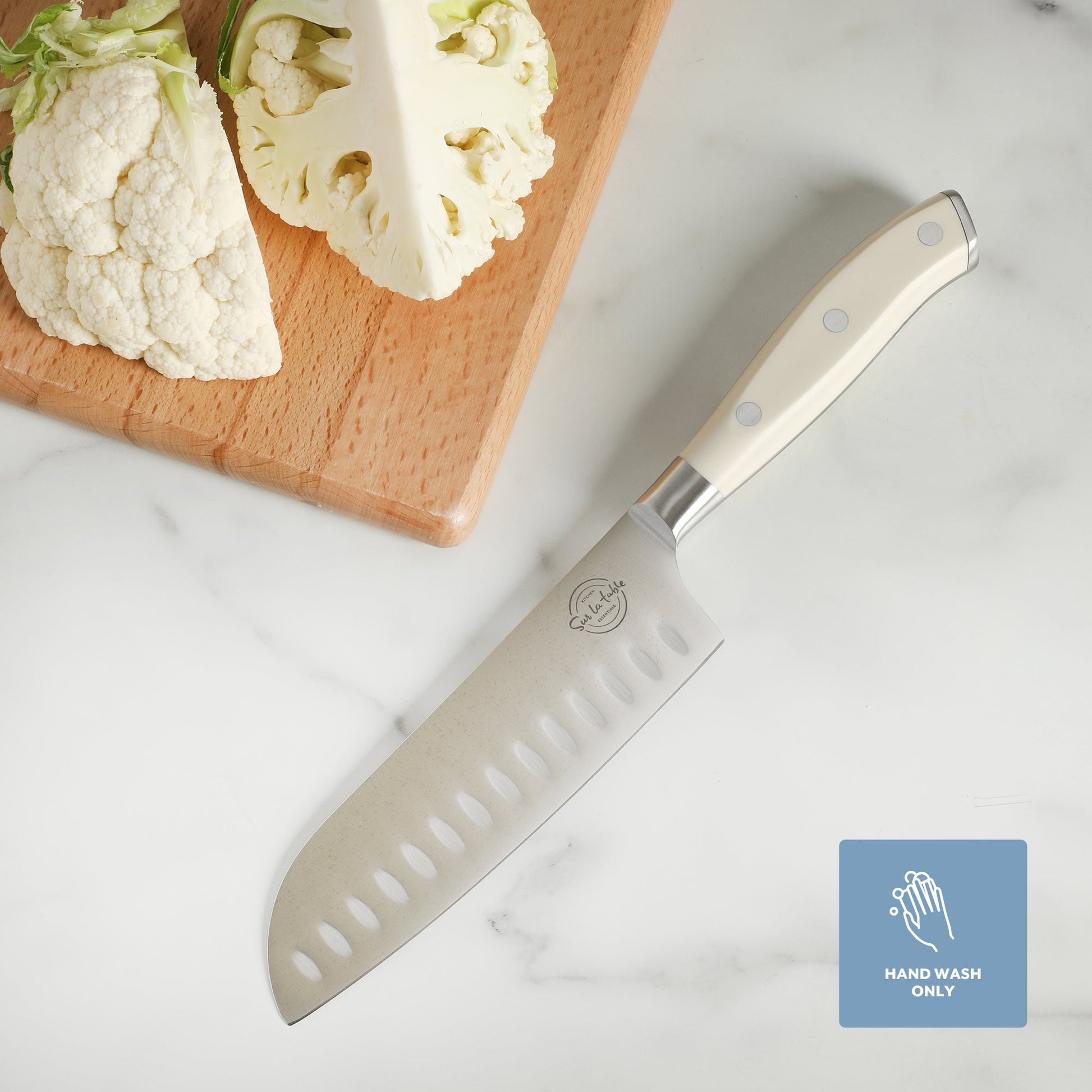 Sur La Table Kitchen Essentials Tasting Kitchen German Steel Santoku Knife, 7-Inch Stainless Steel Blade – Professional Kitchen Knife with White Handle and Forged Full Tang