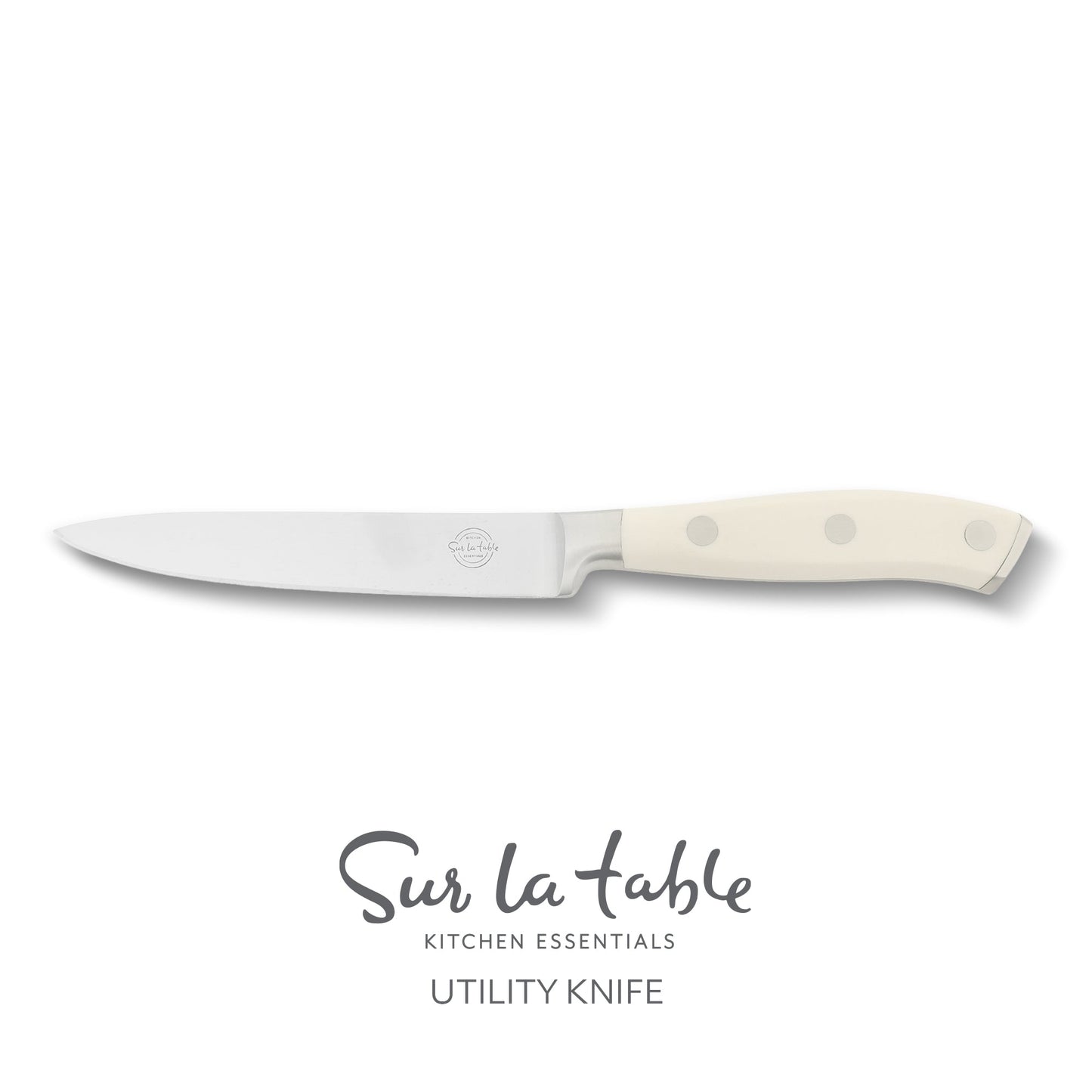 Sur La Table Kitchen Essentials Tasting Kitchen German Steel Utility Knife, 5-Inch Stainless Steel Blade – Professional Kitchen Knife with White Handle and Forged Full Tang