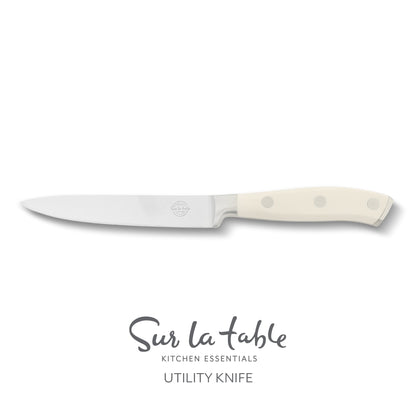 Sur La Table Kitchen Essentials Tasting Kitchen German Steel Utility Knife, 5-Inch Stainless Steel Blade – Professional Kitchen Knife with White Handle and Forged Full Tang