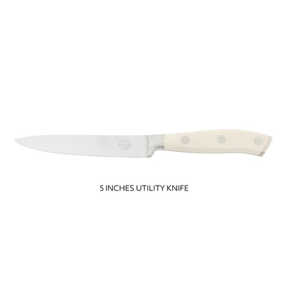 Sur La Table Kitchen Essentials Tasting Kitchen German Steel Utility Knife, 5-Inch Stainless Steel Blade – Professional Kitchen Knife with White Handle and Forged Full Tang