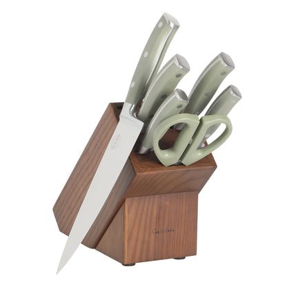 Sur La Table Kitchen Essentials Tasting Kitchen High-Carbon German Steel 7 Piece Full Tang Forged Cutlery Knife Block Set - W/ Ashwood Block