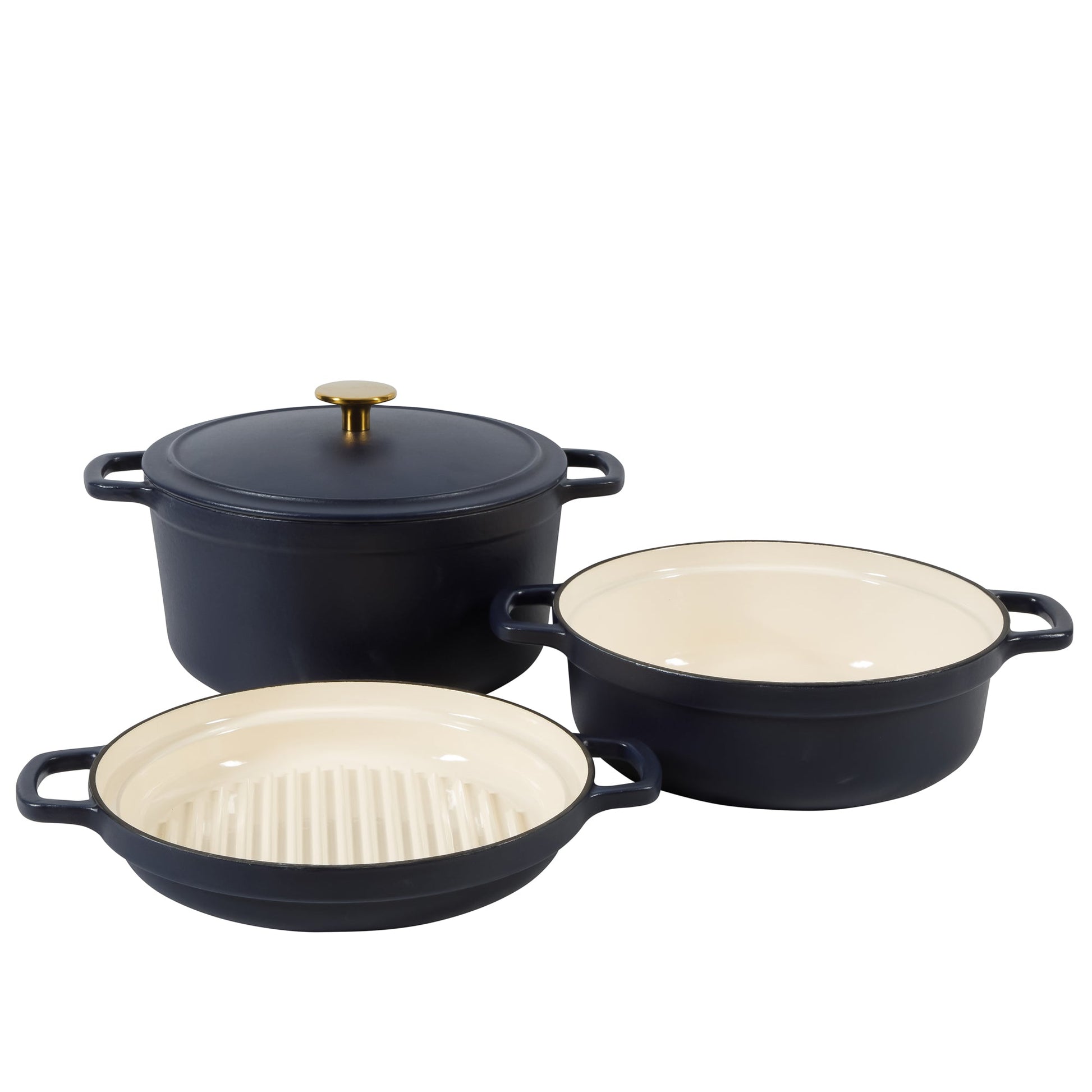 Sur La Table Kitchen Essentials 4-Piece Enameled Cast Iron Stackable Cookware Set, 5.3 Qt Dutch Oven with Lid, Braiser & Grill Pan, Navy Blue, Gold Knob Oven Safe to 500°F, Induction Compatible