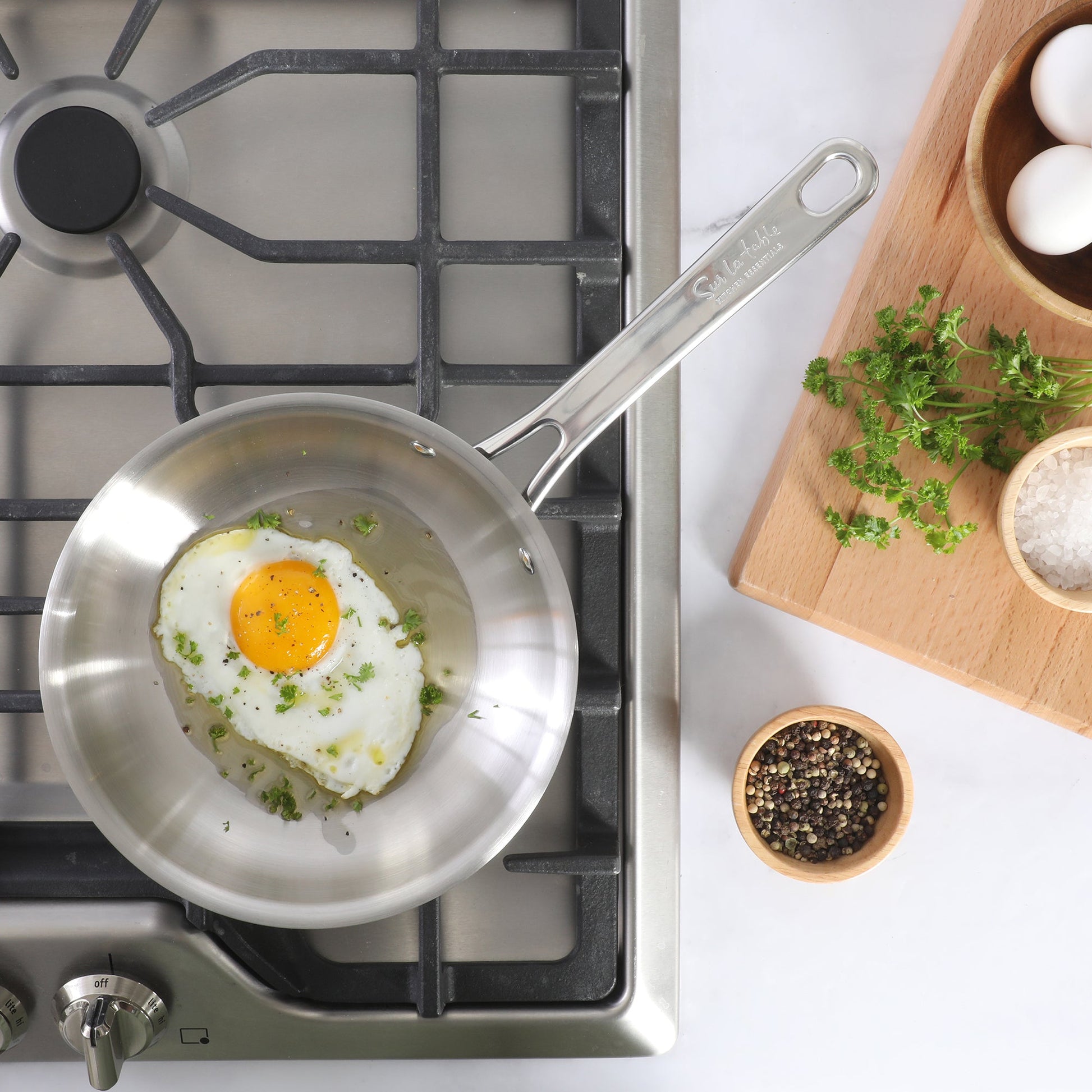 Sur La Table Kitchen Essentials Chef's Deck Stainless Steel Frying Pan – Induction Ready Skillet with Tri-Ply  Base, Polished Finish & Hollow Stay-Cool Handle