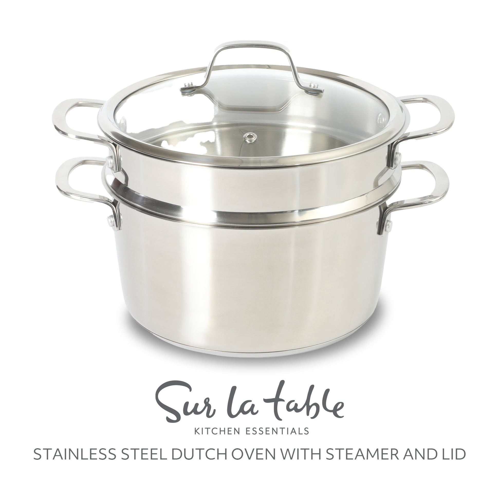 Sur La Table Kitchen Essentials Chef's Deck 3-Piece 5.3-Quart Stainless Steel Dutch Oven with Steamer Insert & Glass Lid – Induction Ready, Tri-Ply Base, Polished Finish & Hollow Stay-Cool Handles
