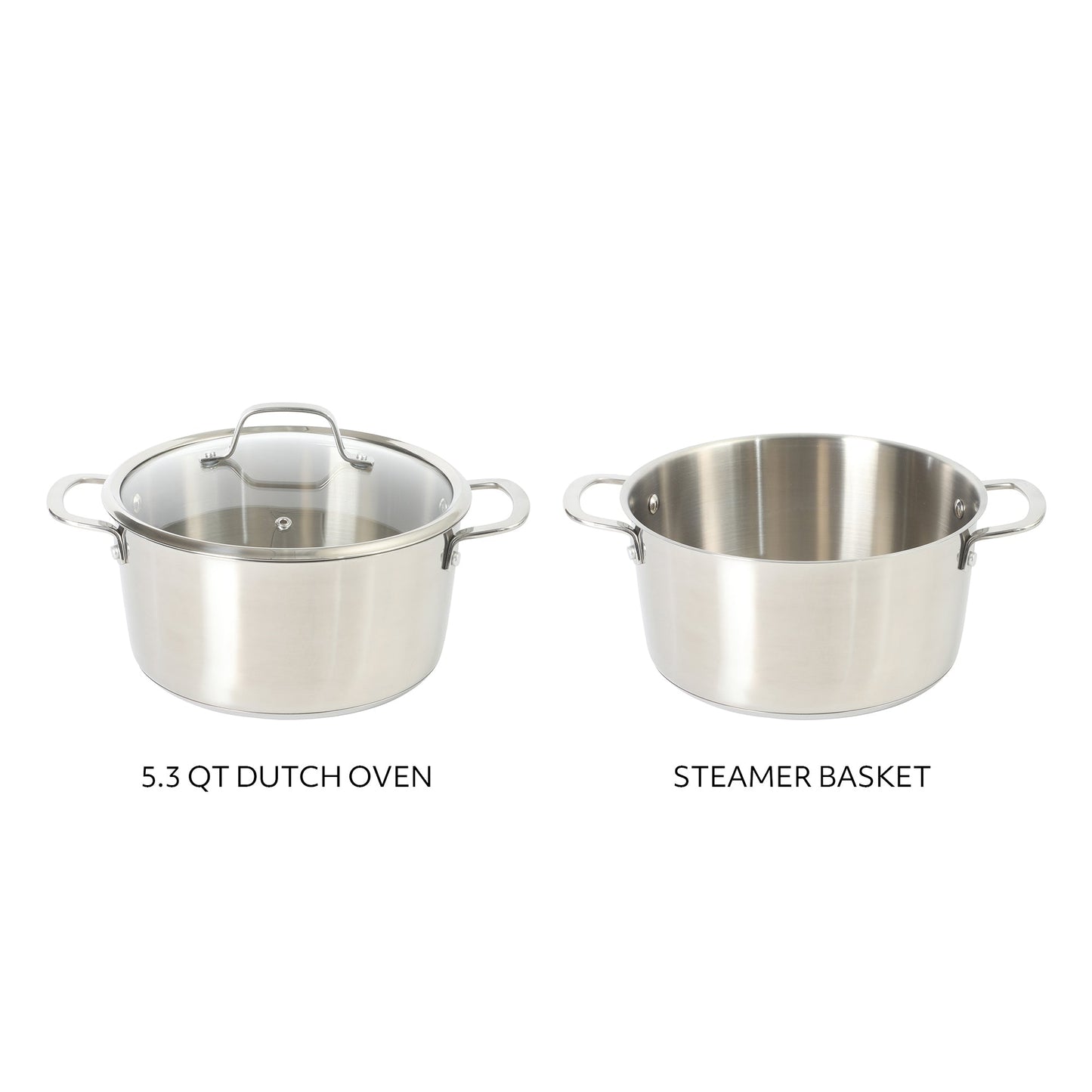 Sur La Table Kitchen Essentials Chef's Deck 3-Piece 5.3-Quart Stainless Steel Dutch Oven with Steamer Insert & Glass Lid – Induction Ready, Tri-Ply Base, Polished Finish & Hollow Stay-Cool Handles