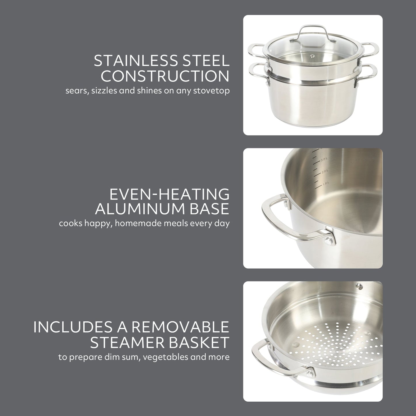 Sur La Table Kitchen Essentials Chef's Deck 3-Piece 5.3-Quart Stainless Steel Dutch Oven with Steamer Insert & Glass Lid – Induction Ready, Tri-Ply Base, Polished Finish & Hollow Stay-Cool Handles