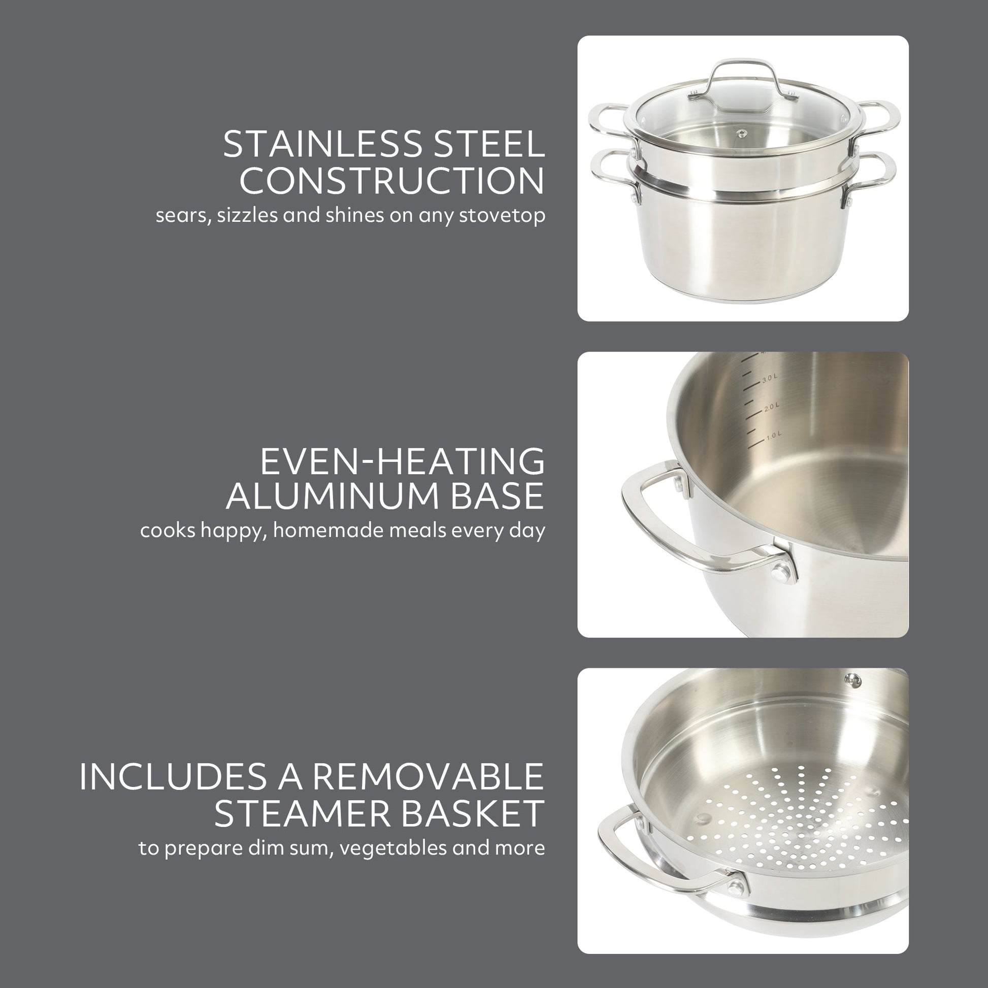 Sur La Table Kitchen Essentials Chef's Deck 3-Piece 5.3-Quart Stainless Steel Dutch Oven with Steamer Insert & Glass Lid – Induction Ready, Tri-Ply Base, Polished Finish & Hollow Stay-Cool Handles