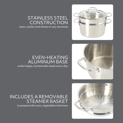 Sur La Table Kitchen Essentials Chef's Deck 3-Piece 5.3-Quart Stainless Steel Dutch Oven with Steamer Insert & Glass Lid – Induction Ready, Tri-Ply Base, Polished Finish & Hollow Stay-Cool Handles