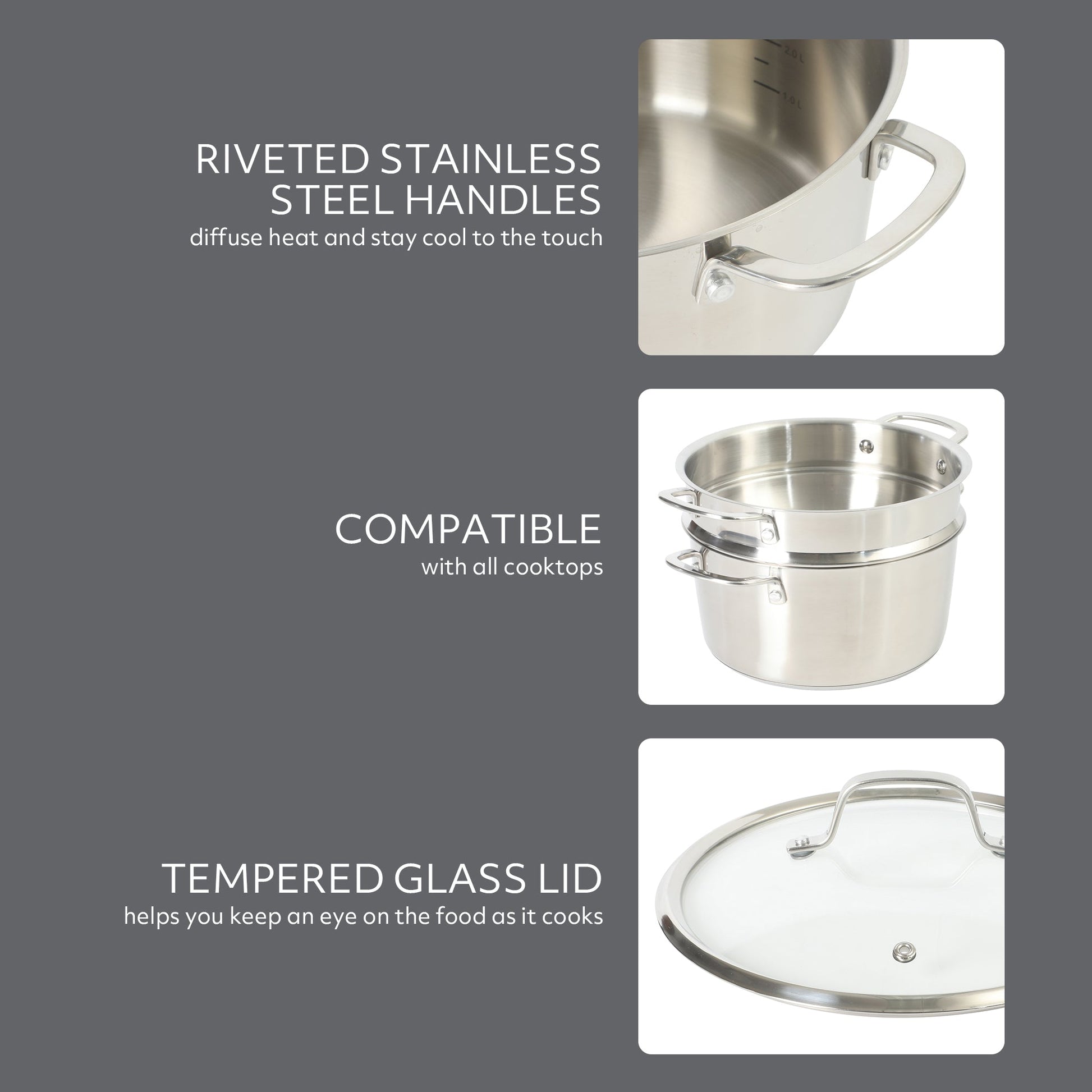 Sur La Table Kitchen Essentials Chef's Deck 3-Piece 5.3-Quart Stainless Steel Dutch Oven with Steamer Insert & Glass Lid – Induction Ready, Tri-Ply Base, Polished Finish & Hollow Stay-Cool Handles