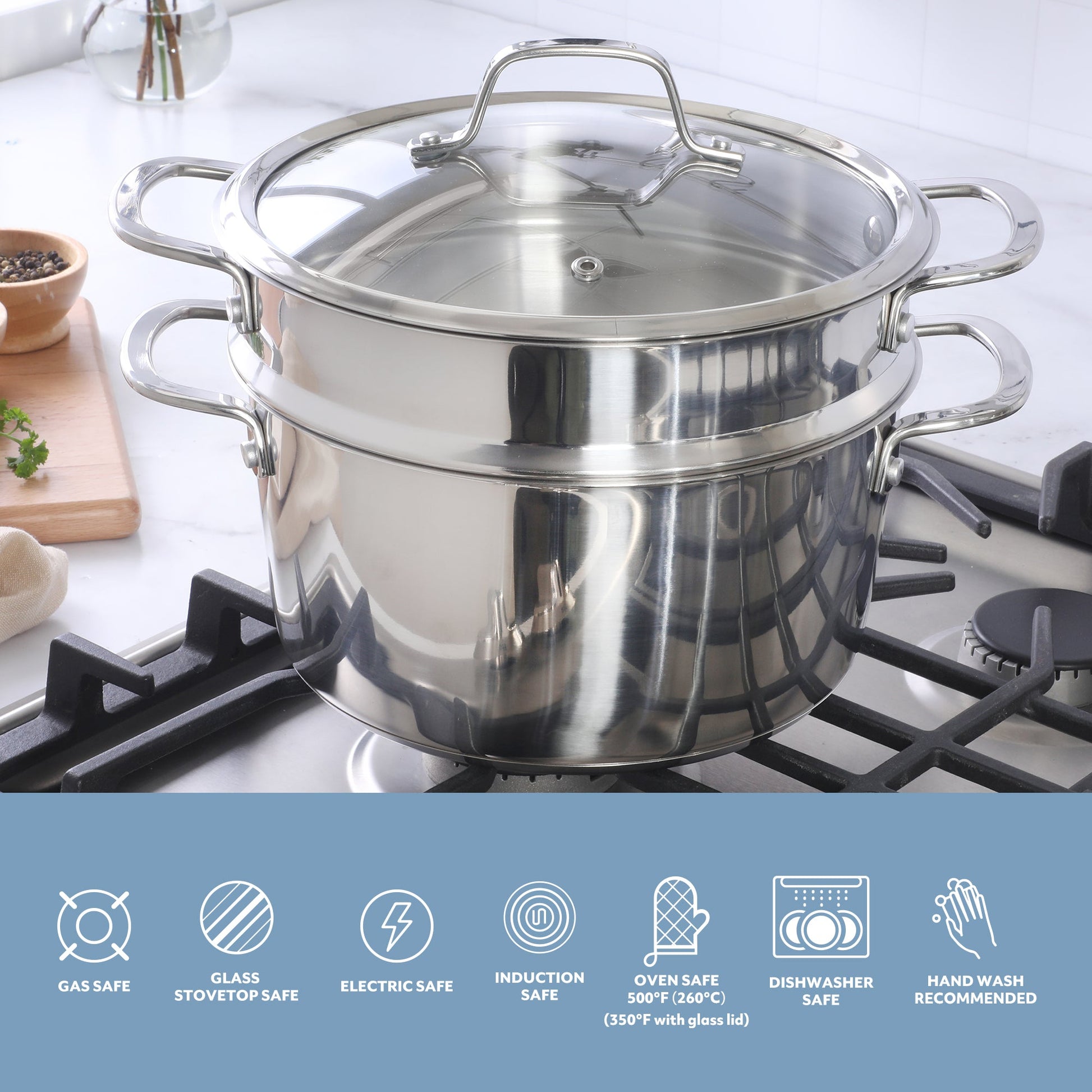 Sur La Table Kitchen Essentials Chef's Deck 3-Piece 5.3-Quart Stainless Steel Dutch Oven with Steamer Insert & Glass Lid – Induction Ready, Tri-Ply Base, Polished Finish & Hollow Stay-Cool Handles