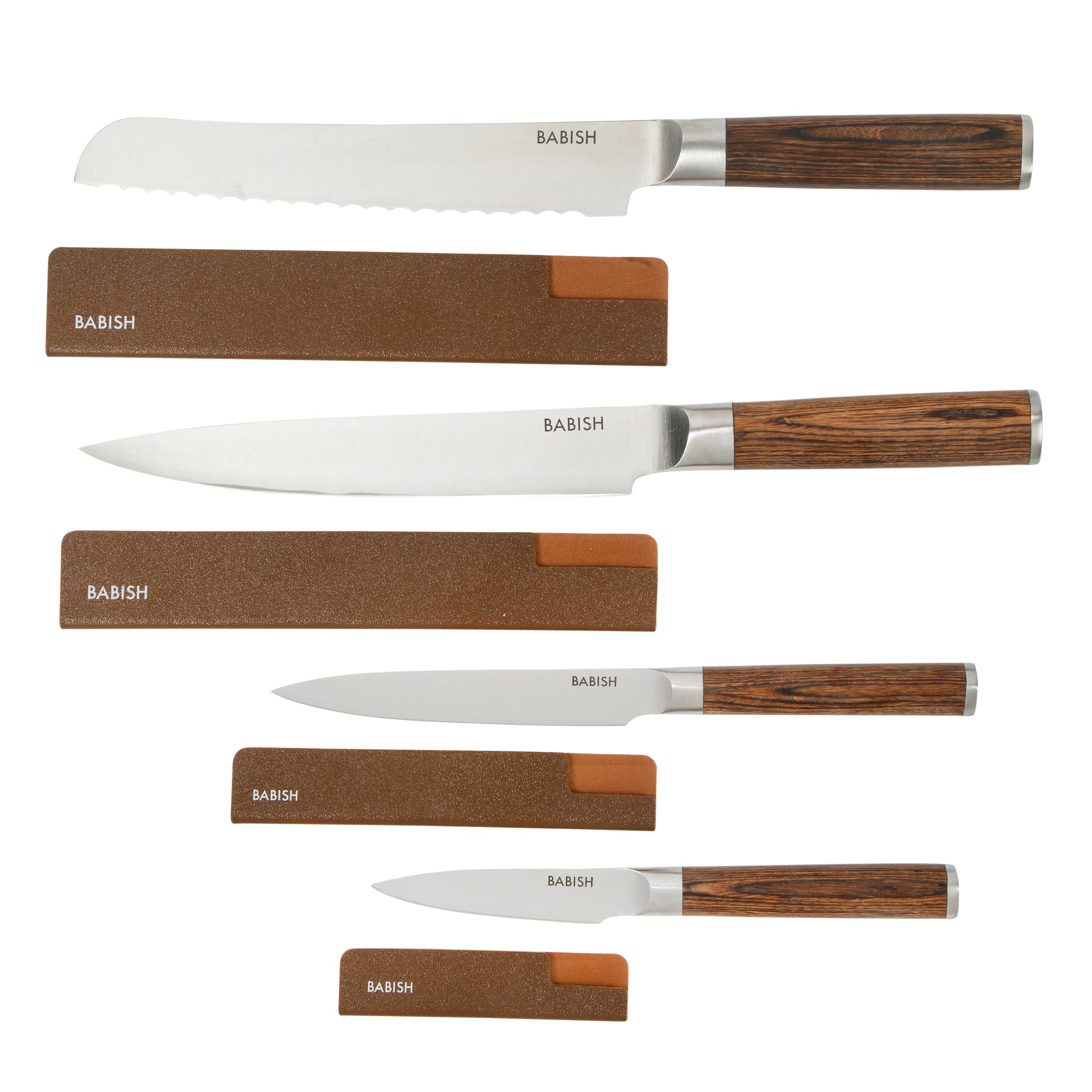Babish 14-Piece Full Tang Forged Light/Dark Pakka Wood Kitchen Knife Set – High-Carbon 1.4116 German Steel Cutlery with Protective Sheaths – Professional Chef Knife Set