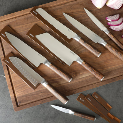 Babish 14-Piece Full Tang Forged Light/Dark Pakka Wood Kitchen Knife Set – High-Carbon 1.4116 German Steel Cutlery with Protective Sheaths – Professional Chef Knife Set