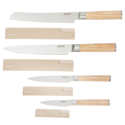 Babish 14-Piece Full Tang Forged Light/Dark Pakka Wood Kitchen Knife Set – High-Carbon 1.4116 German Steel Cutlery with Protective Sheaths – Professional Chef Knife Set