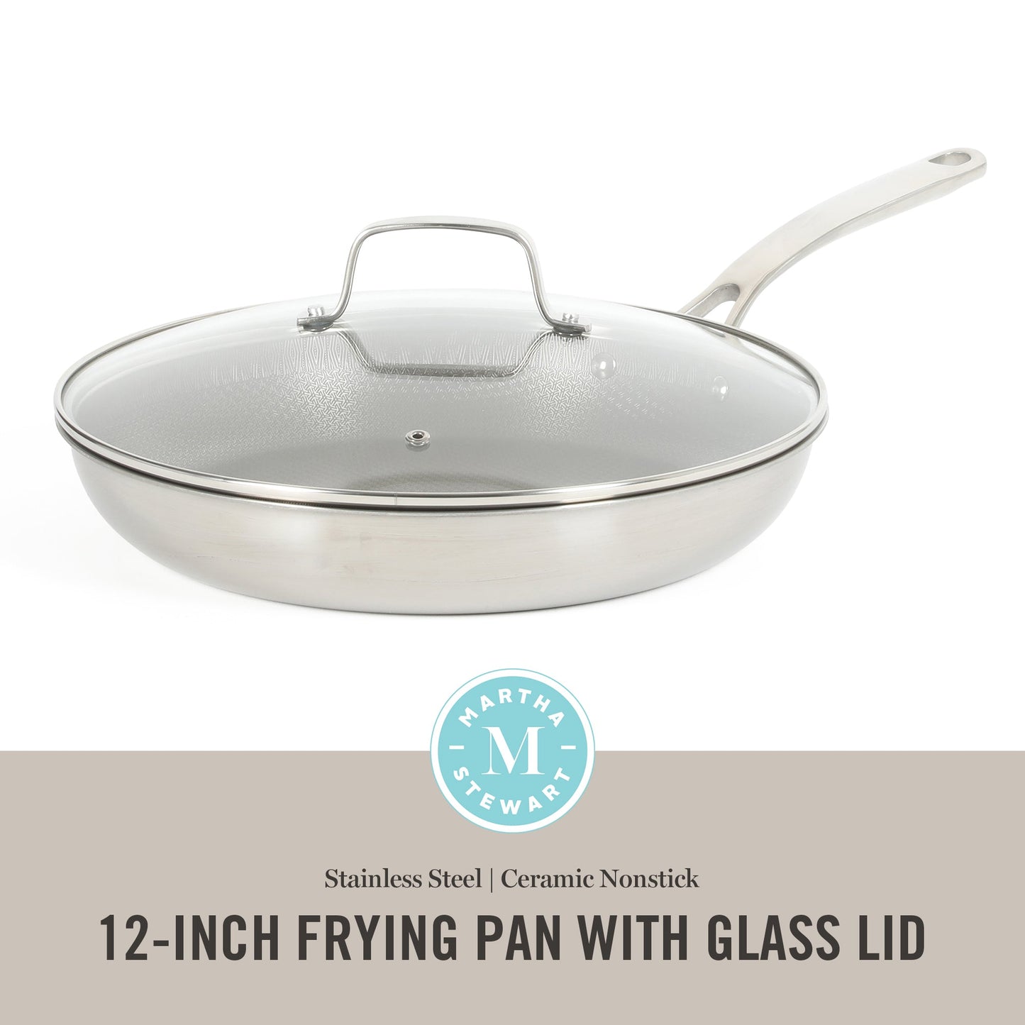 Martha Stewart Badgley Hybrid Nonstick 12 Inch TriPly Stainless Steel Large Fry Pan With Lid & Stay Cool Handle - Laser Etched Non-Toxic Nonstick Skillet - Dishwasher and Induction Safe