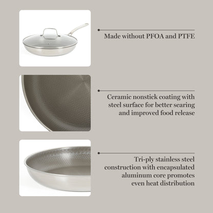 Martha Stewart Badgley Hybrid Nonstick 12 Inch TriPly Stainless Steel Large Fry Pan With Lid & Stay Cool Handle - Laser Etched Non-Toxic Nonstick Skillet - Dishwasher and Induction Safe