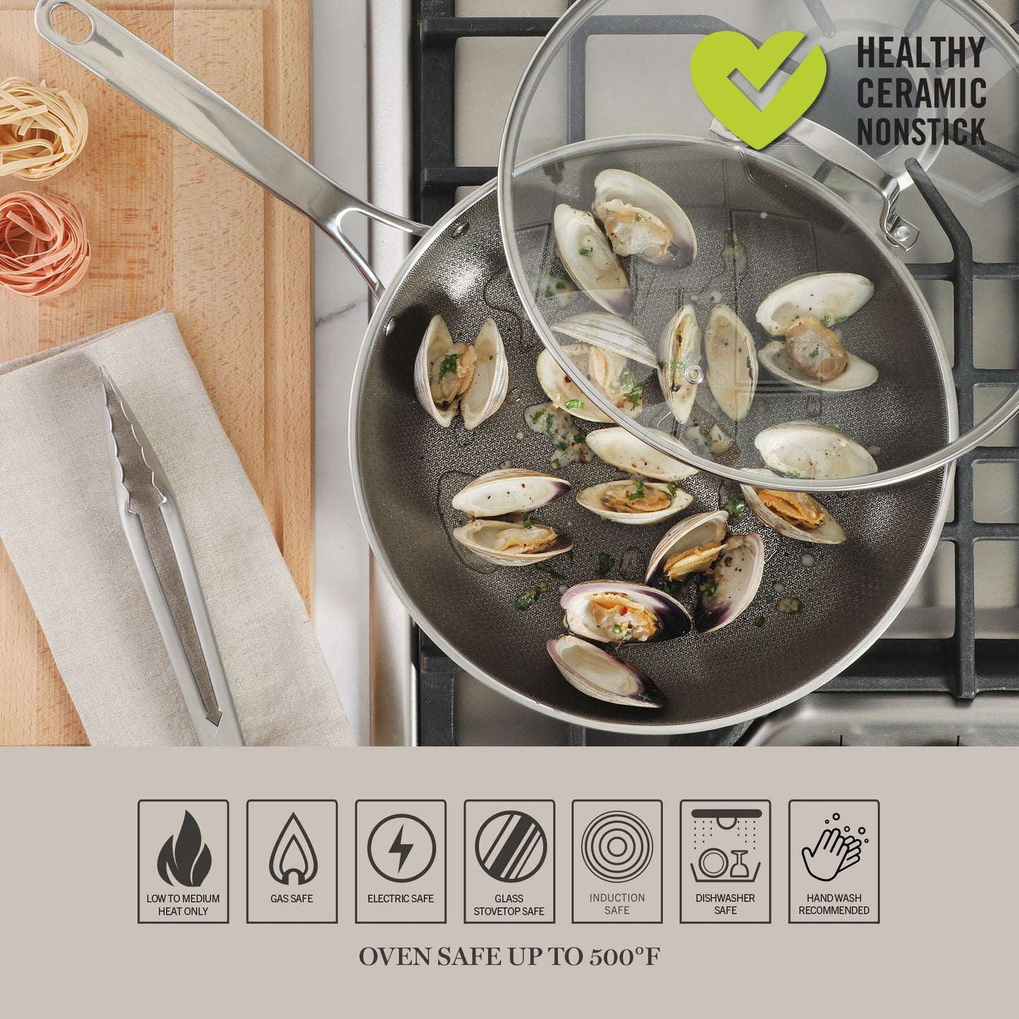Martha Stewart Badgley Hybrid Nonstick 12 Inch TriPly Stainless Steel Large Fry Pan With Lid & Stay Cool Handle - Laser Etched Non-Toxic Nonstick Skillet - Dishwasher and Induction Safe