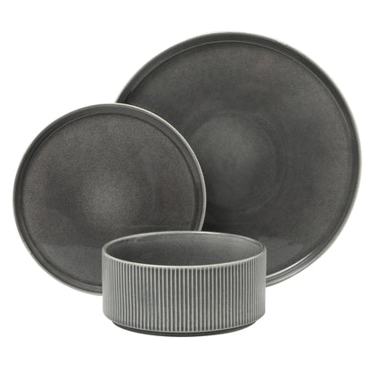 Gibson Elite Solana Coast 12 Piece Stoneware Reactive Glaze (Service for 4) Ceramic Plates and Bowls Modern Shape Embossed Dinnerware Set