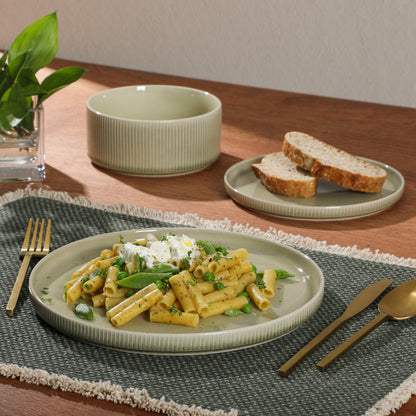 Gibson Elite Solana Coast 12 Piece Stoneware Reactive Glaze (Service for 4) Ceramic Plates and Bowls Modern Shape Embossed Dinnerware Set