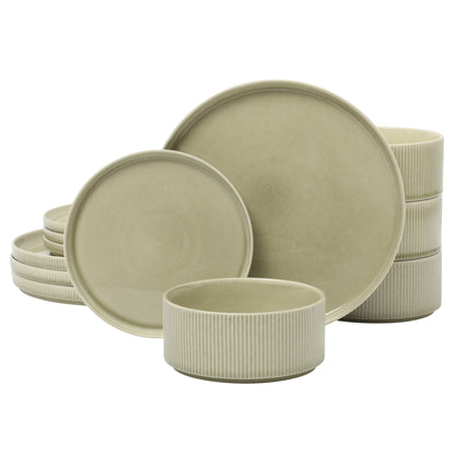Gibson Elite Solana Coast 12 Piece Stoneware Reactive Glaze (Service for 4) Ceramic Plates and Bowls Modern Shape Embossed Dinnerware Set
