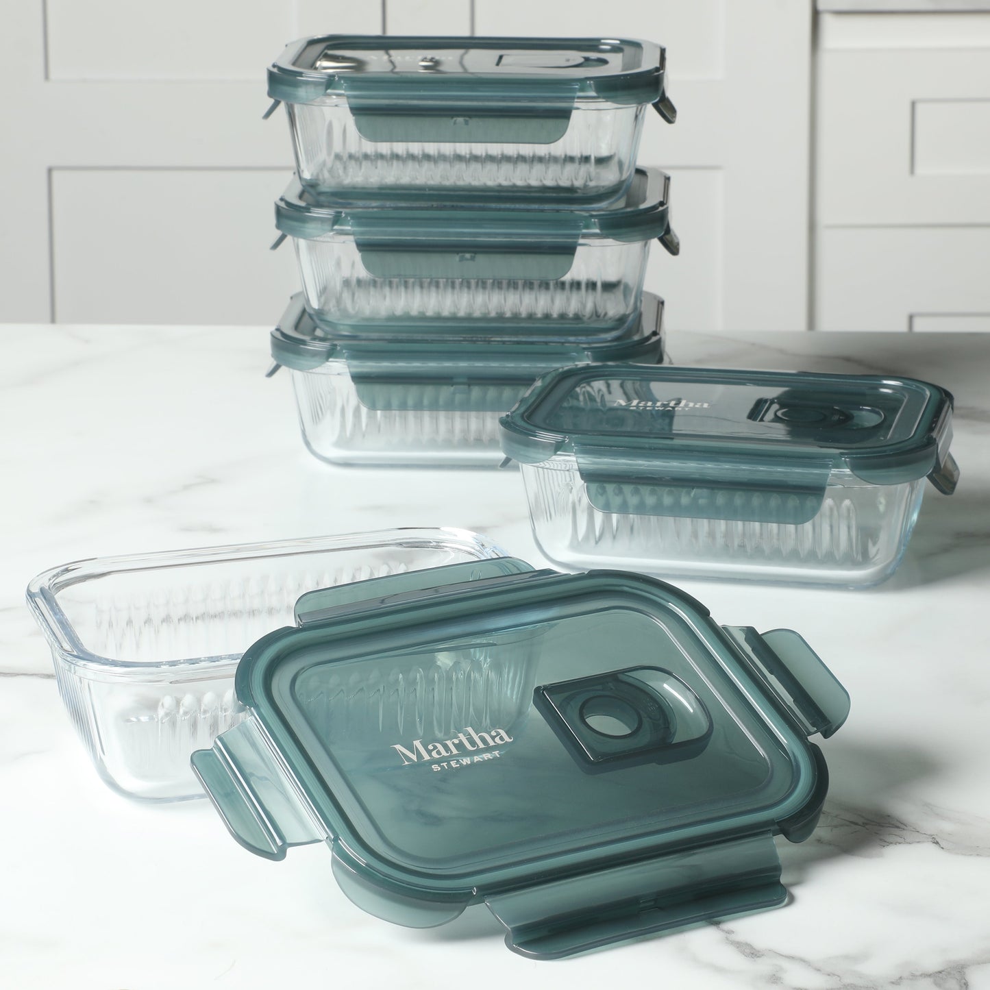 Martha Stewart Shadowbrook 10-Piece Borosilicate Glass Storage Container Set – Airtight Locking Lids, 21.6 oz Meal Prep, Leftover & Lunch Containers, Microwave, Oven & Dishwasher Safe